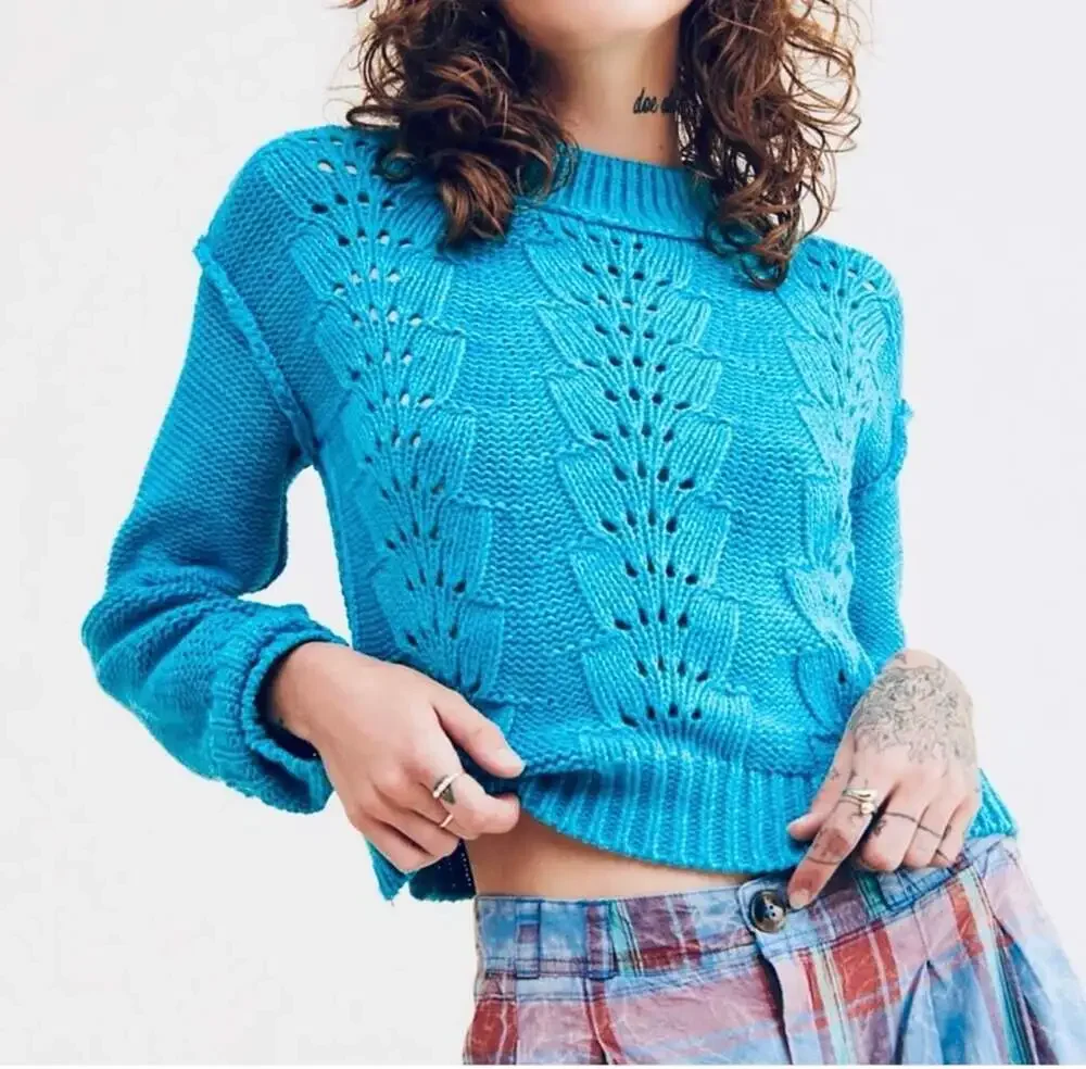 NWT Free People Bell Song Teal Cropped Ribbed Pullover Sweater Size S